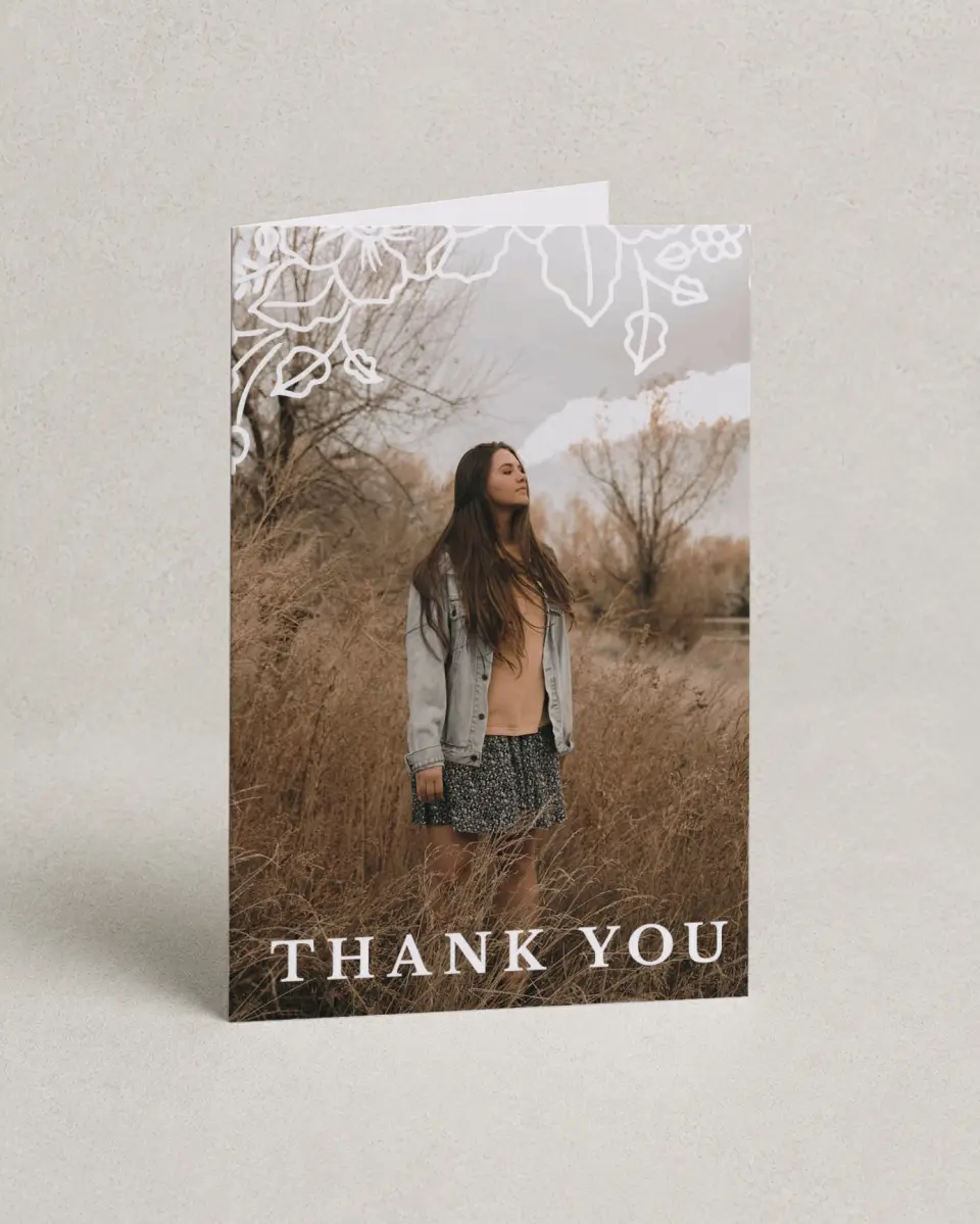 This is a 4" x 6" Folded Quinceanera Thank You Card called Etched printed in full color on Premium Smooth paper