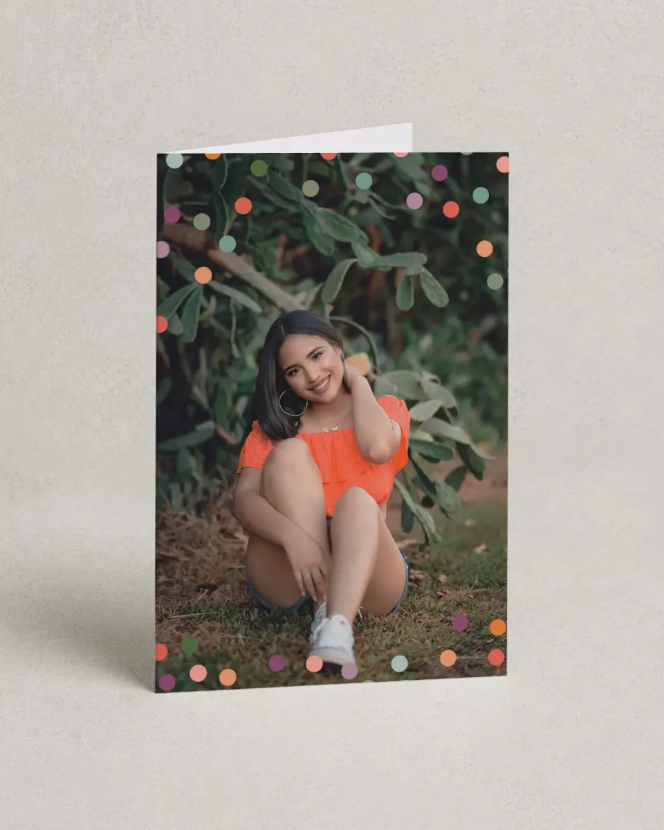 This is a 4" x 6" Folded Quinceanera Thank You Card called Radiant Dots printed in full color with Silver foil on Luxe Satin (coated) paper