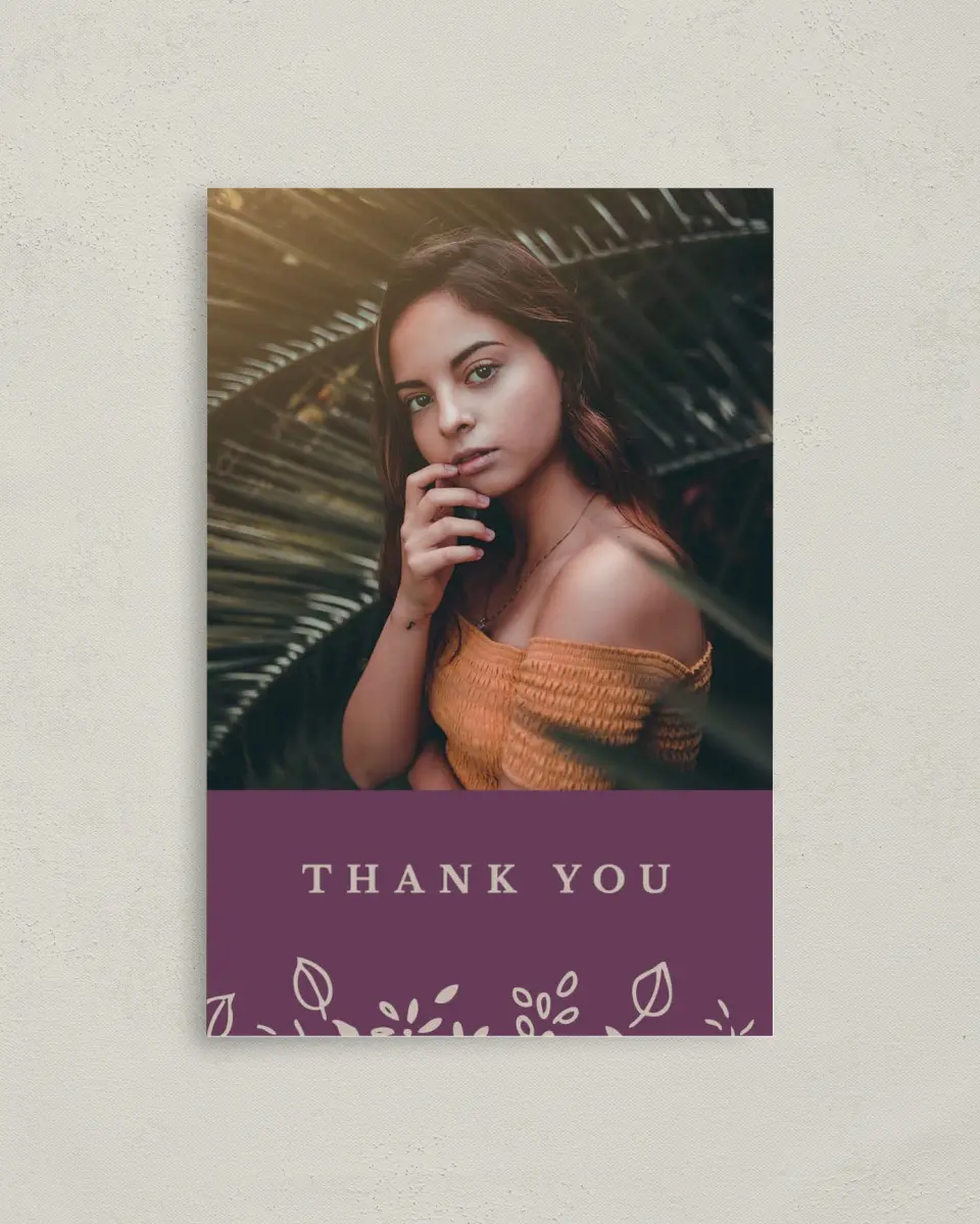 This is a 4" x 6" Folded Quinceanera Thank You Card called Flora Flourish printed in full color on Premium Smooth paper
