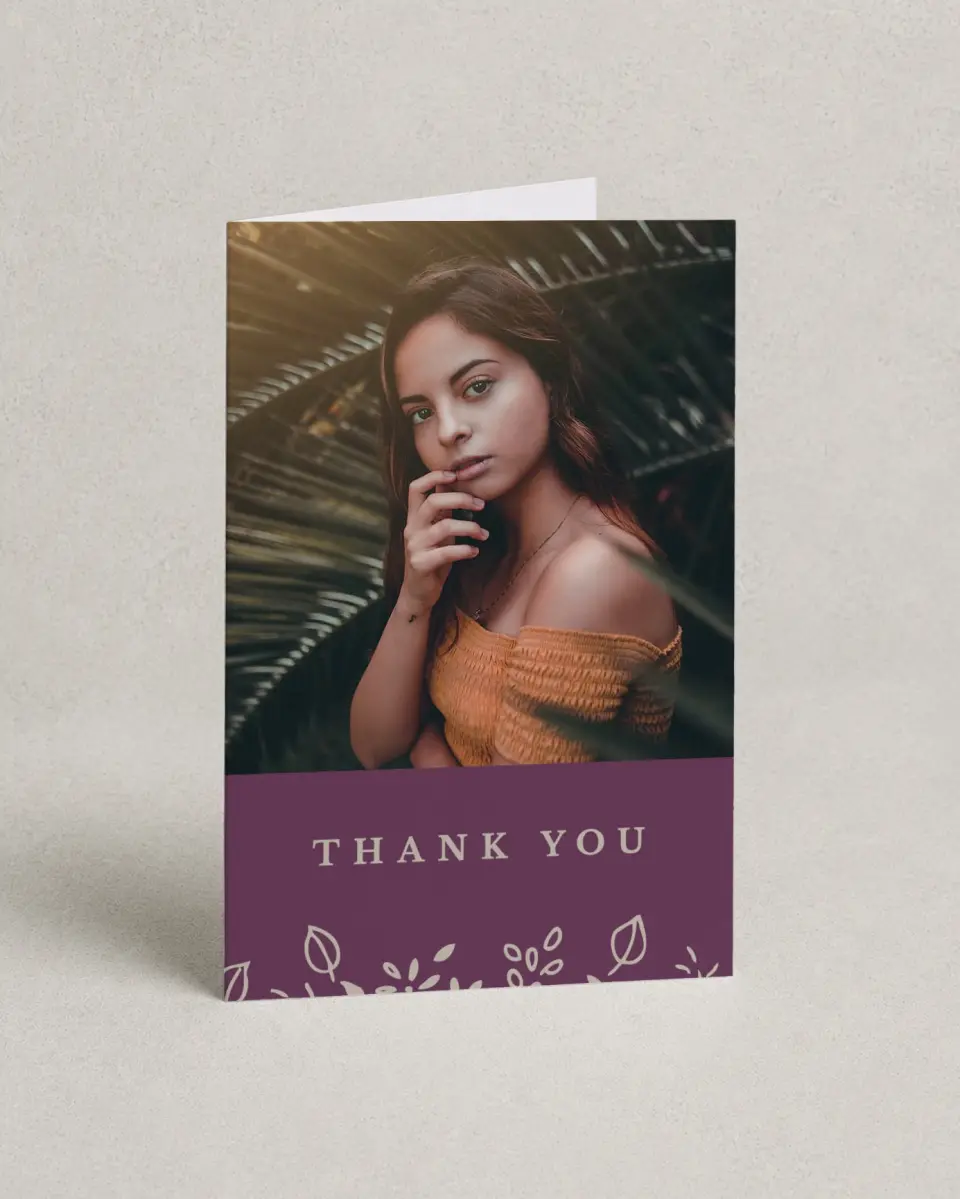 This is a 4" x 6" Folded Quinceanera Thank You Card called Flora Flourish printed in full color on Premium Smooth paper
