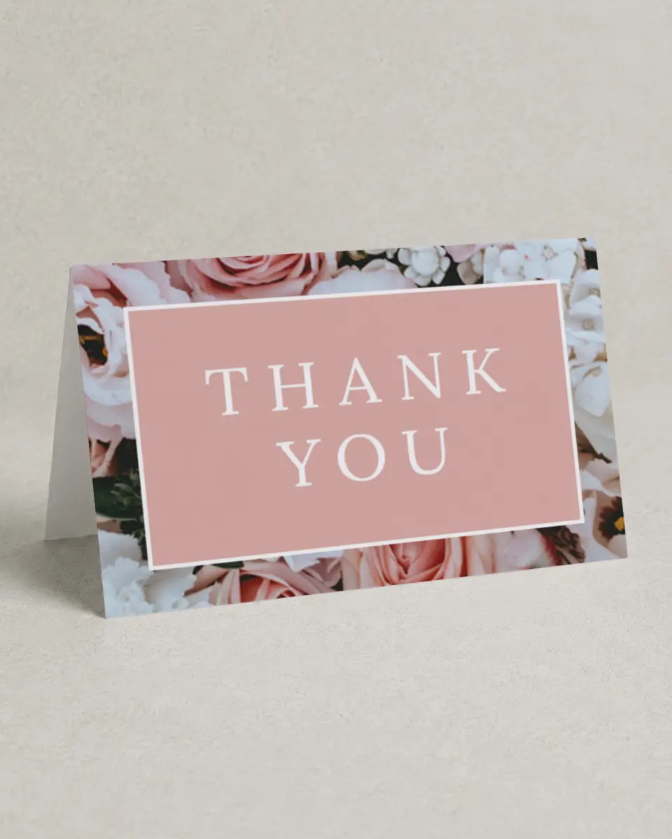 This is a 4" x 6" Folded Thank You Card called Fantasia Garden printed in full color on Premium Smooth paper