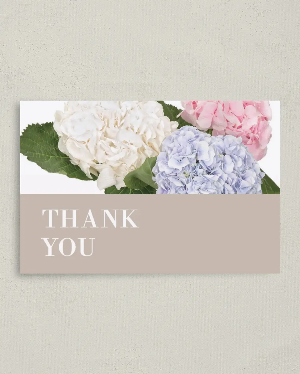 This is a 4" x 6" Folded Thank You Card called Antique Hydrangea printed in full color on Premium Smooth paper