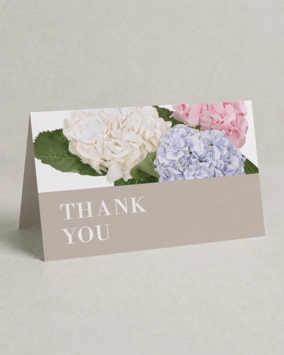 This is a 4" x 6" Folded Thank You Card called Antique Hydrangea printed in full color with Silver foil on Luxe Satin (coated) paper