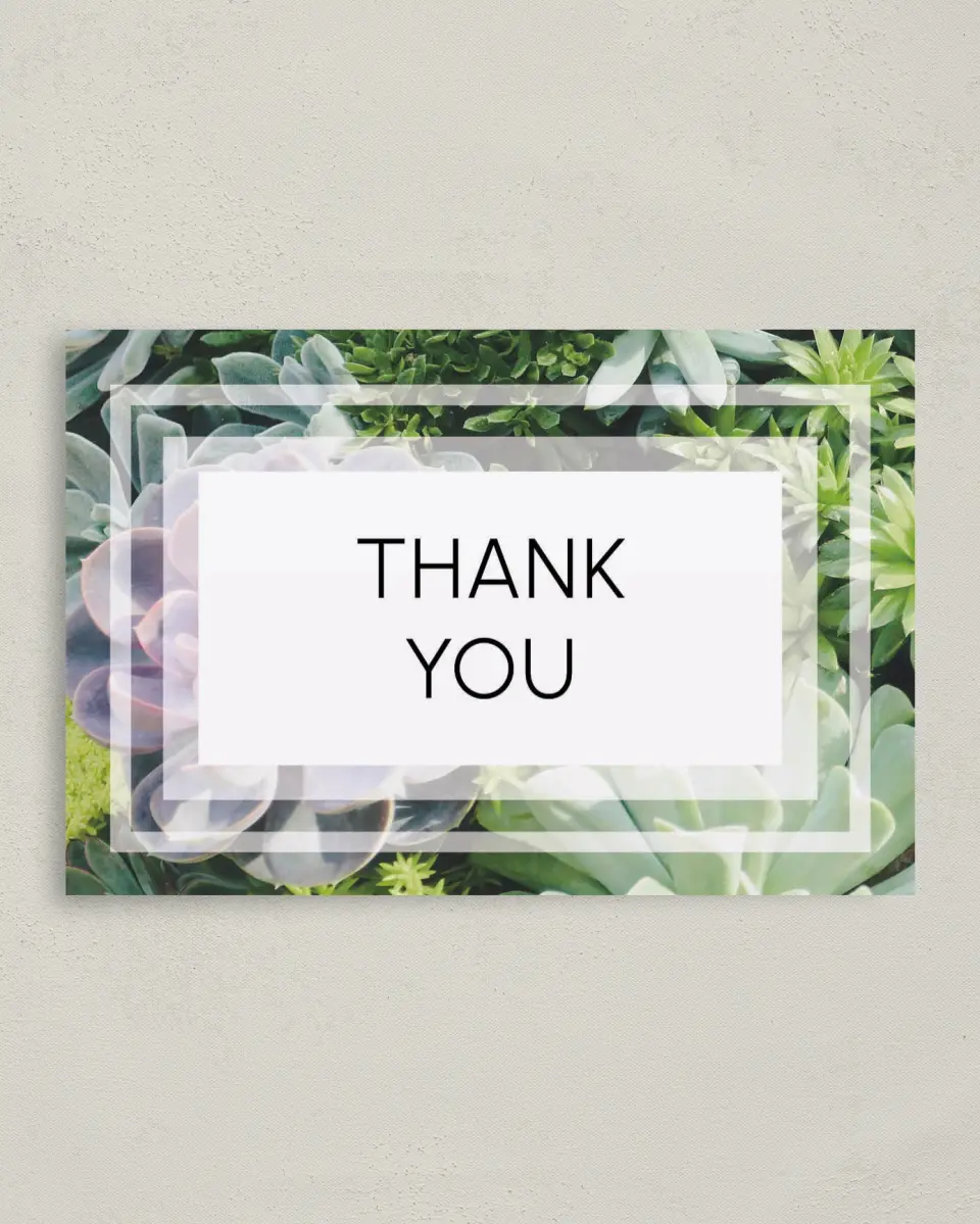This is a 4" x 6" Folded Thank You Card called Sophisticated Succulents printed in full color on Premium Smooth paper