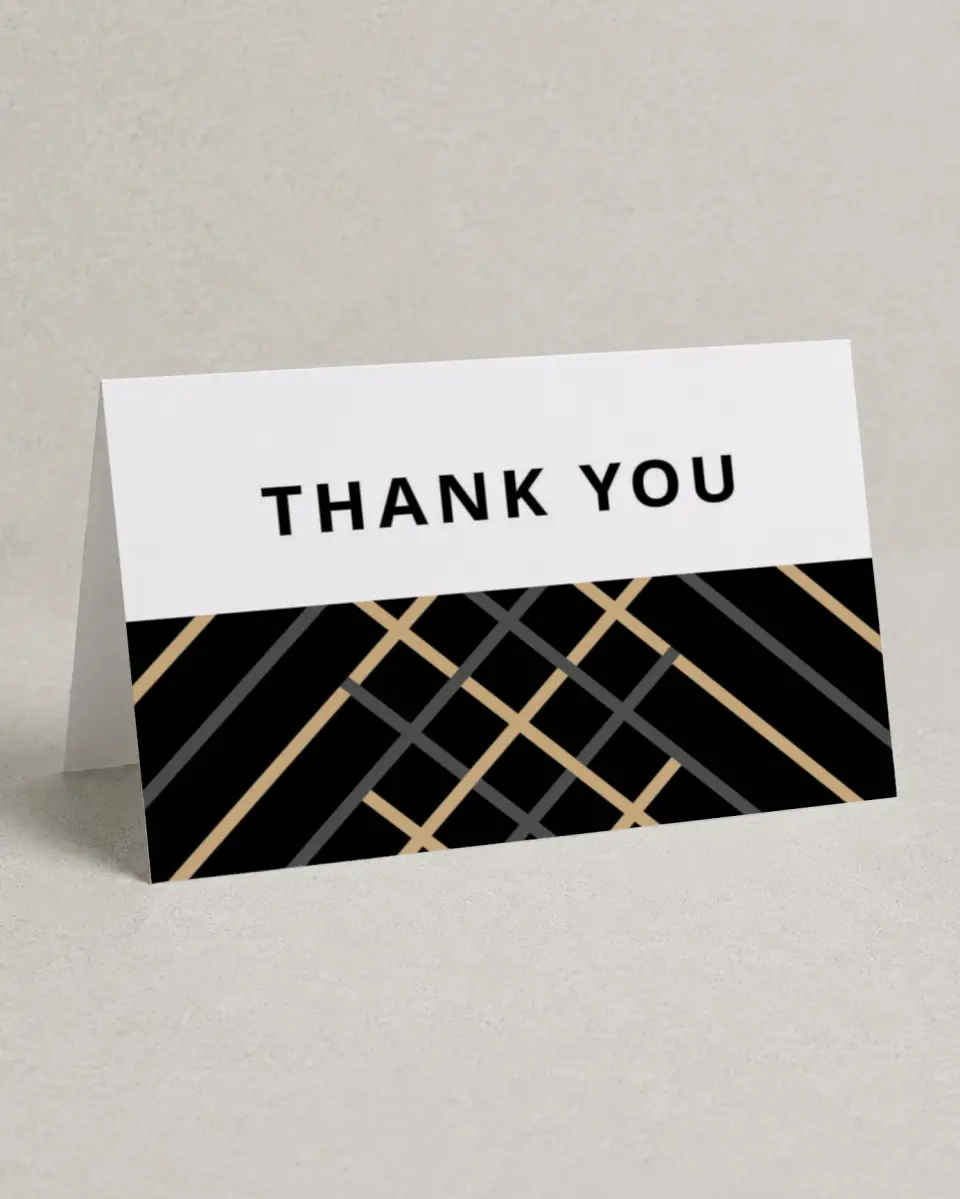 This is a 4" x 6" Folded Thank You Card called Grandeur Shine printed in full color with Silver foil on Luxe Satin (coated) paper