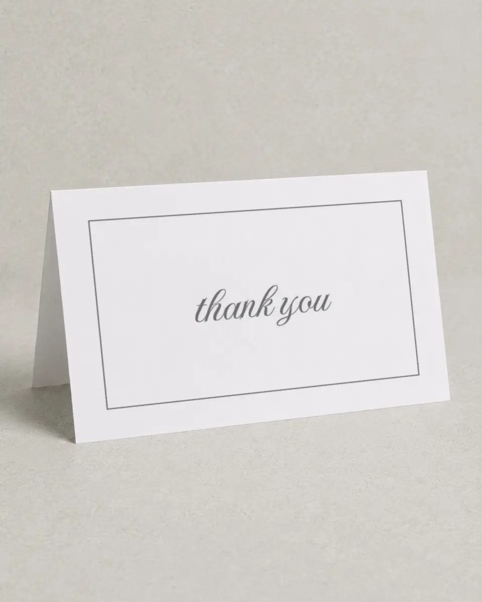 This is a 4" x 6" Folded Thank You Card called Classic Devotion printed in full color with Silver foil on Luxe Satin (coated) paper