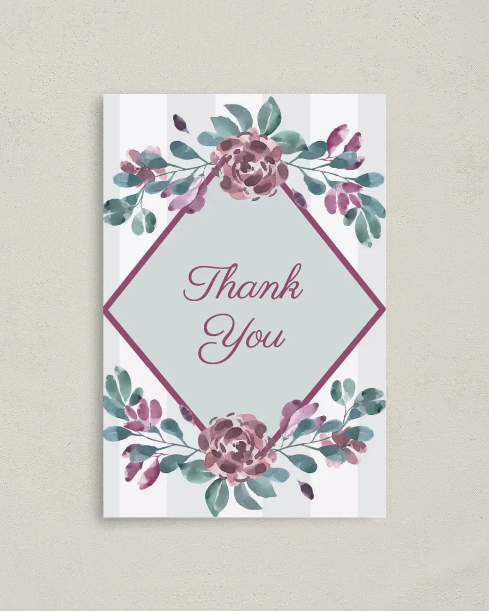 This is a 4" x 6" Folded Quinceanera Thank You Card called Ethereal Floret printed in full color on Premium Smooth paper
