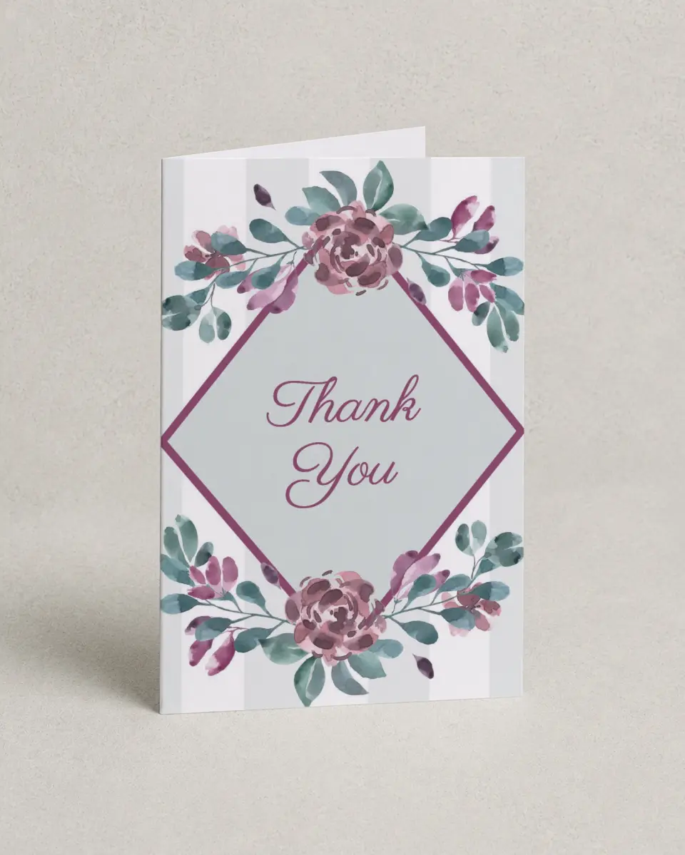 This is a 4" x 6" Folded Quinceanera Thank You Card called Ethereal Floret printed in full color on Premium Smooth paper