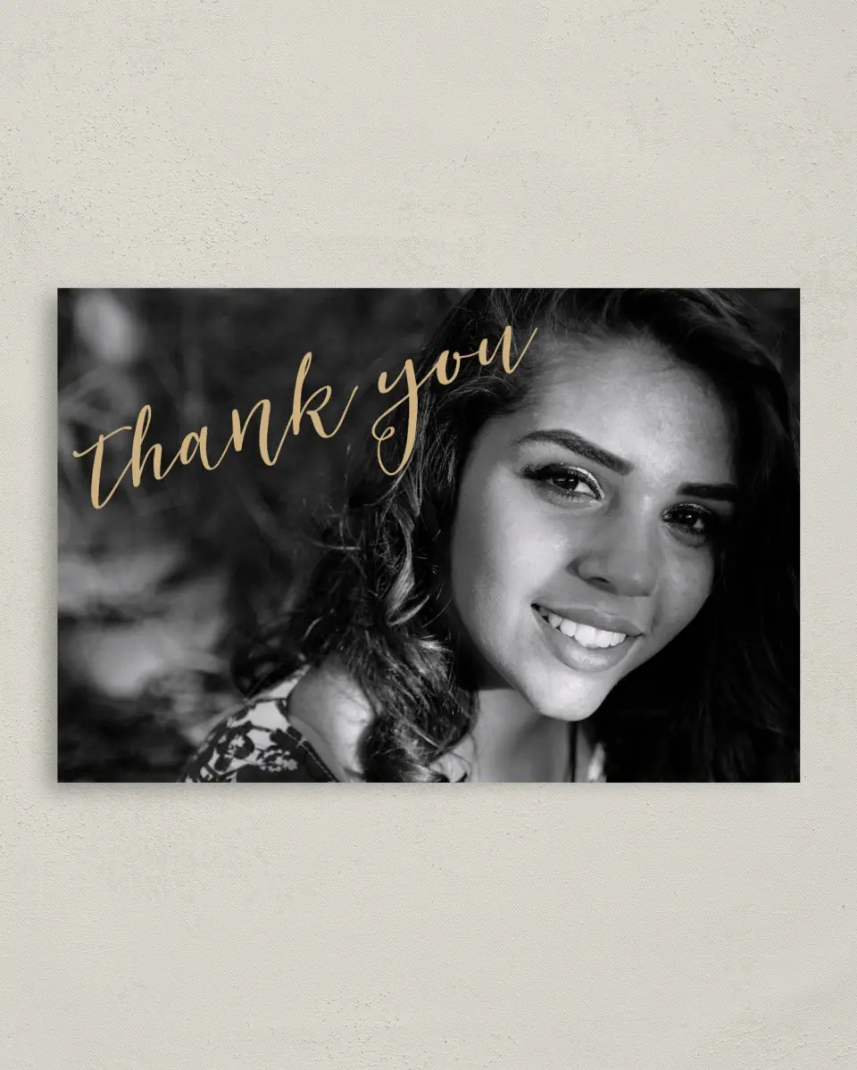 This is a 4" x 6" Folded Quinceanera Thank You Card called Then & Now printed in full color on Premium Smooth paper