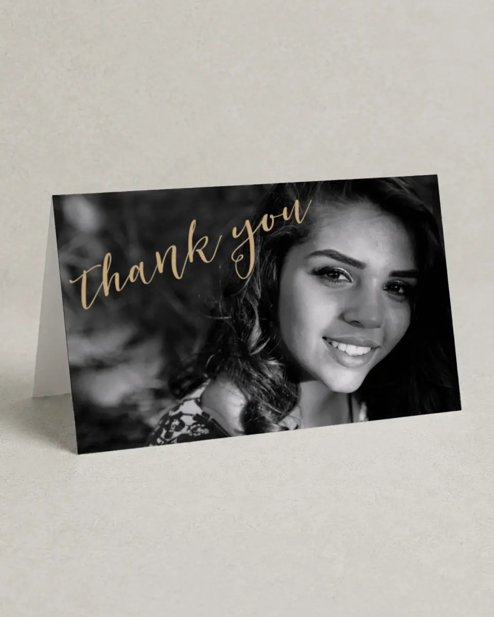 This is a 4" x 6" Folded Quinceanera Thank You Card called Then & Now printed in full color on Premium Smooth paper