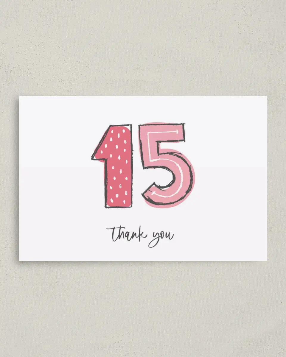 This is a 4" x 6" Folded Quinceanera Thank You Card called Fun Fifteen printed in full color on Premium Smooth paper