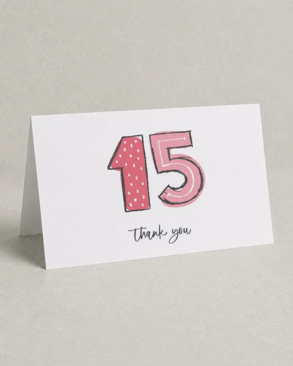 This is a 4" x 6" Folded Quinceanera Thank You Card called Fun Fifteen printed in full color on Premium Smooth paper
