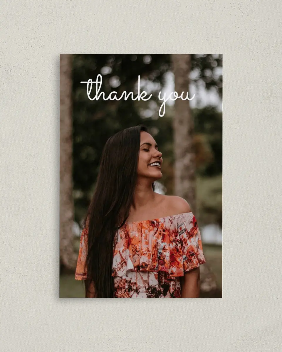 This is a 4" x 6" Folded Quinceanera Thank You Card called Blissful Fifteen printed in full color on Premium Smooth paper