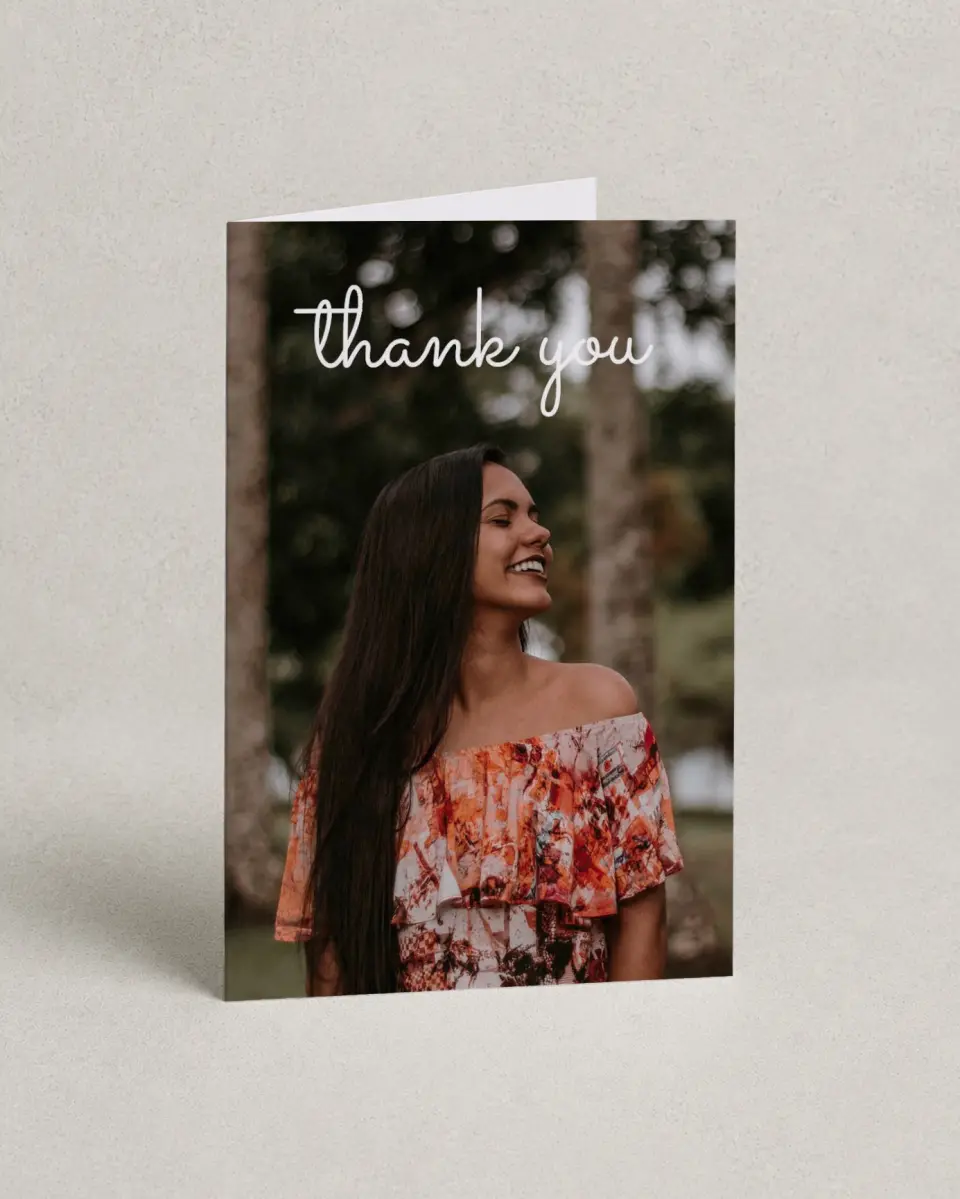 This is a 4" x 6" Folded Quinceanera Thank You Card called Blissful Fifteen printed in full color on Premium Smooth paper