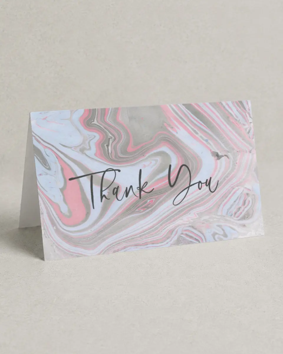 This is a 4" x 6" Folded Quinceanera Thank You Card called Dazzling Marble printed in full color on Premium Smooth paper
