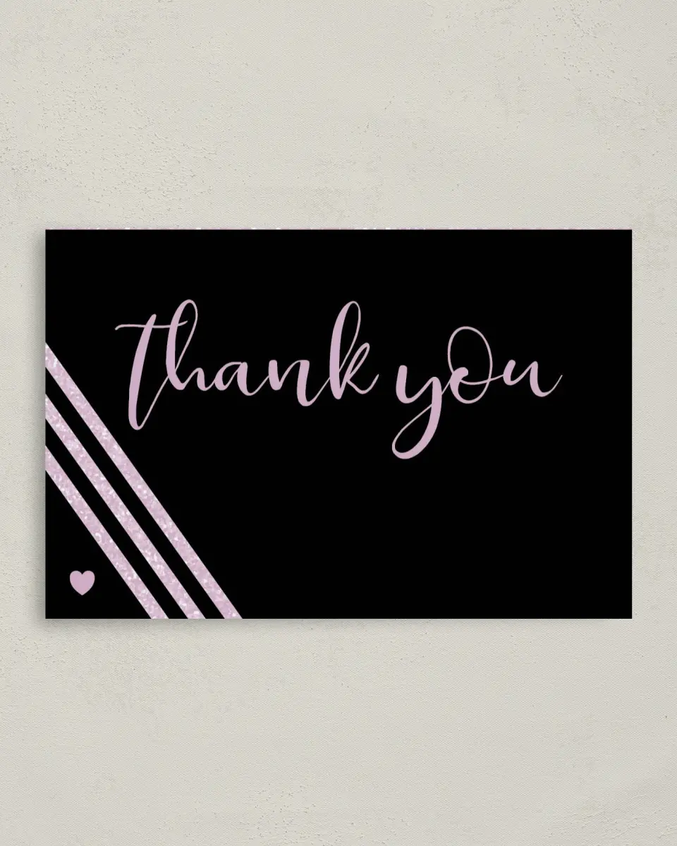 This is a 4" x 6" Folded Quinceanera Thank You Card called Glitzy Gala printed in full color on Premium Smooth paper