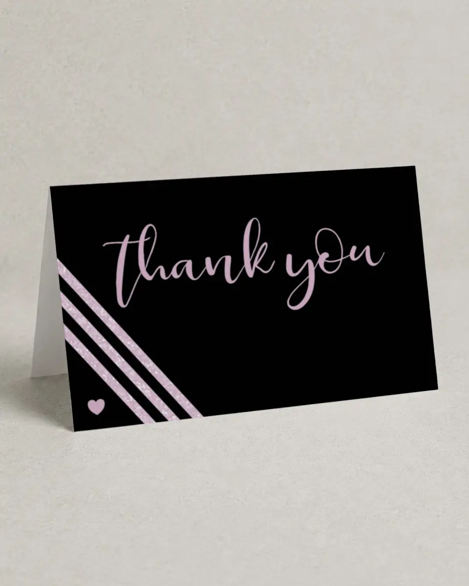 This is a 4" x 6" Folded Quinceanera Thank You Card called Glitzy Gala printed in full color on Premium Smooth paper