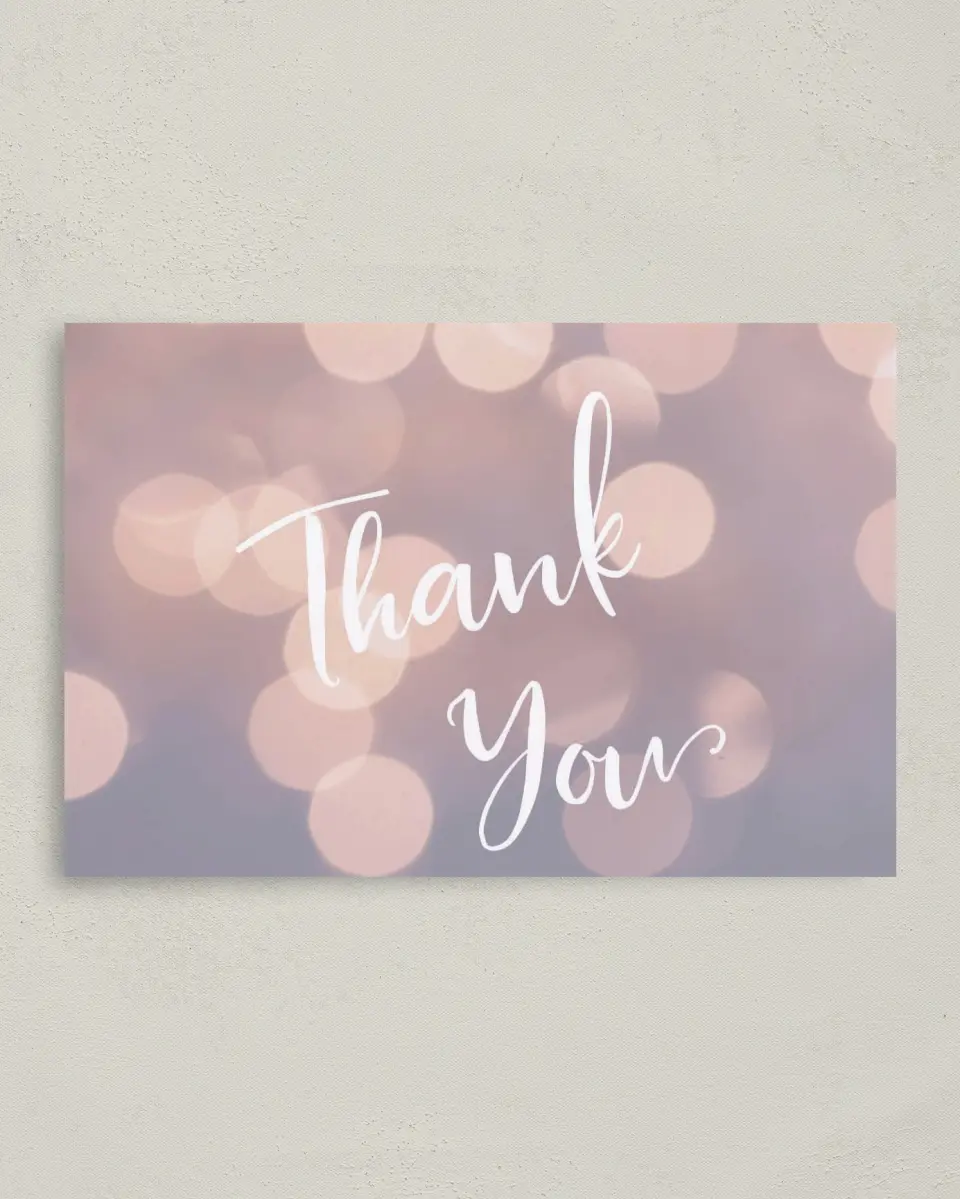 This is a 4" x 6" Folded Quinceanera Thank You Card called Elegant Bokeh printed in full color on Premium Smooth paper