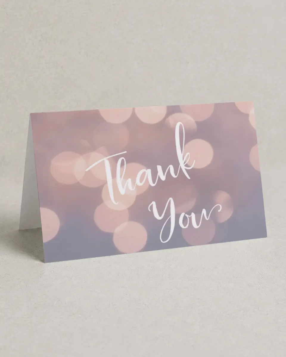 This is a 4" x 6" Folded Quinceanera Thank You Card called Elegant Bokeh printed in full color on Premium Smooth paper