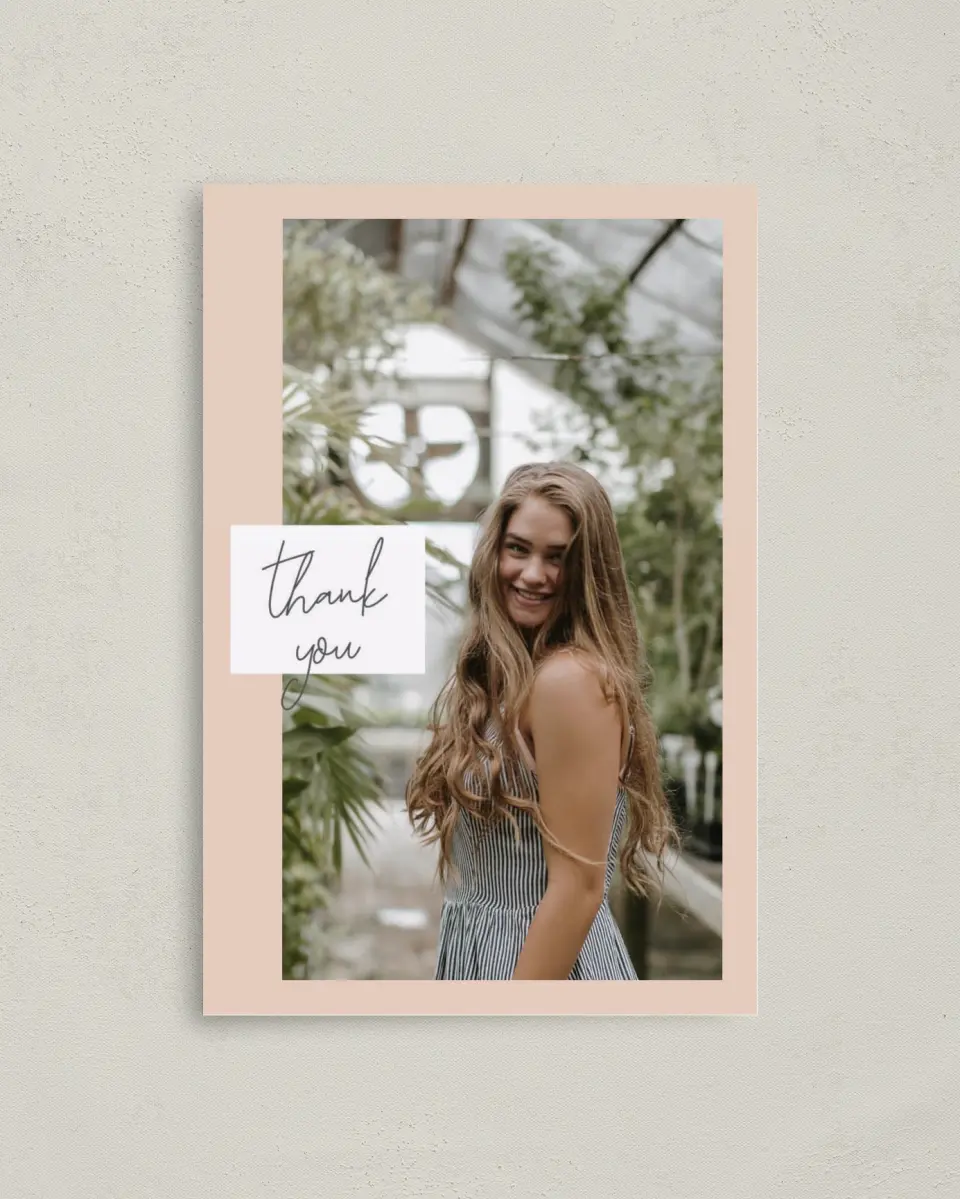 This is a 4" x 6" Folded Quinceanera Thank You Card called Super Sweet 15 printed in full color on Premium Smooth paper