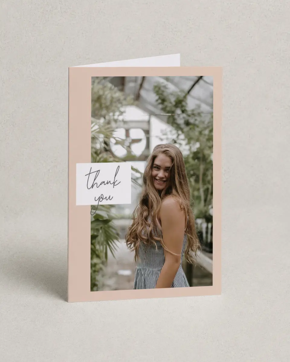 This is a 4" x 6" Folded Quinceanera Thank You Card called Super Sweet 15 printed in full color on Premium Smooth paper