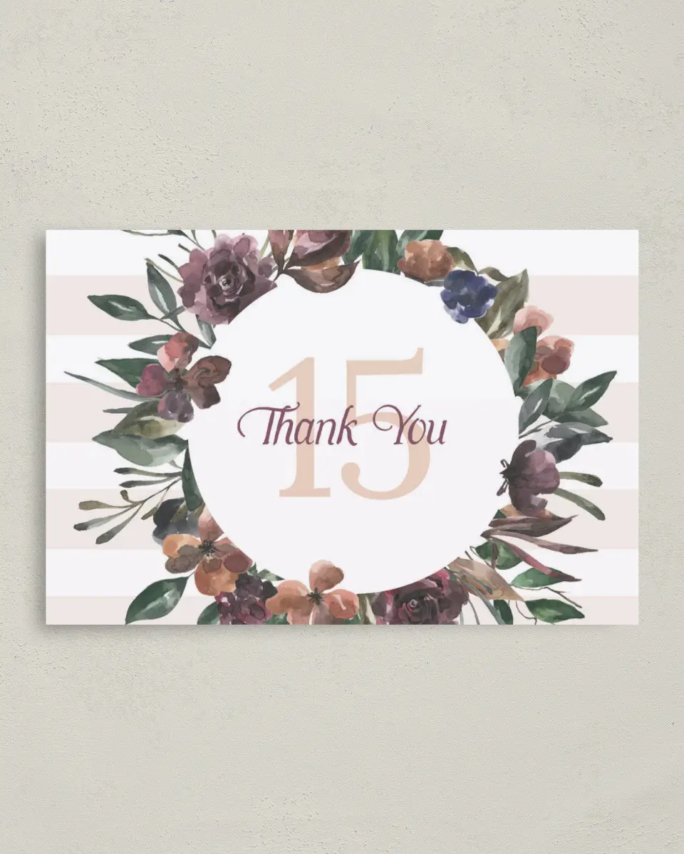 This is a 4" x 6" Folded Quinceanera Thank You Card called Gracefully Fifteen printed in full color on Premium Smooth paper