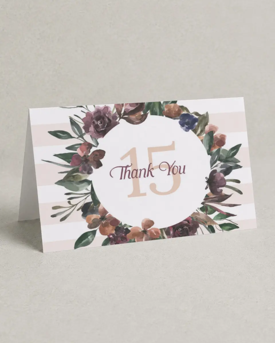 This is a 4" x 6" Folded Quinceanera Thank You Card called Gracefully Fifteen printed in full color on Premium Smooth paper