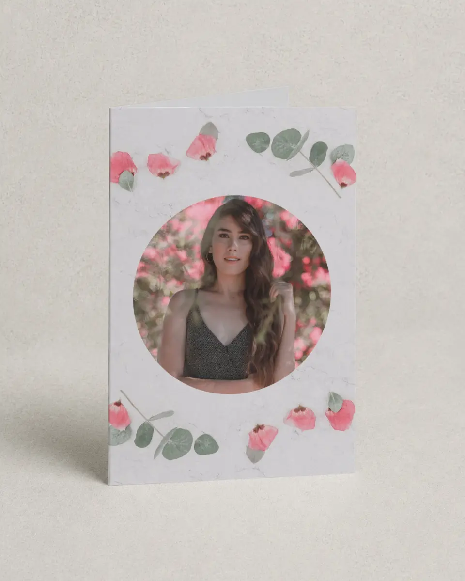 This is a 4" x 6" Folded Quinceanera Thank You Card called Lovely Blooms printed in full color with Gold foil on Luxe Satin (coated) paper