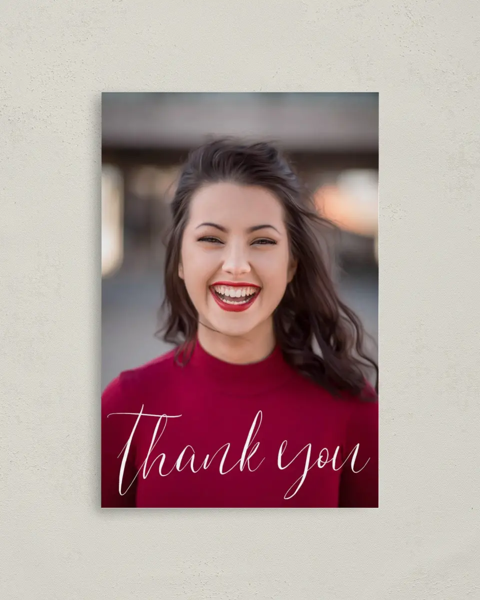 This is a 4" x 6" Folded Quinceanera Thank You Card called Showy Sweet Fifteen printed in full color on Premium Smooth paper