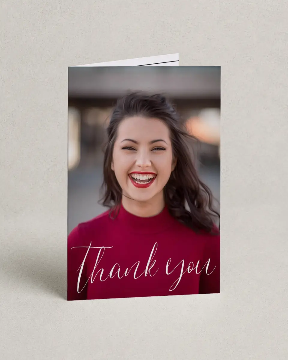 This is a 4" x 6" Folded Quinceanera Thank You Card called Showy Sweet Fifteen printed in full color on Premium Smooth paper