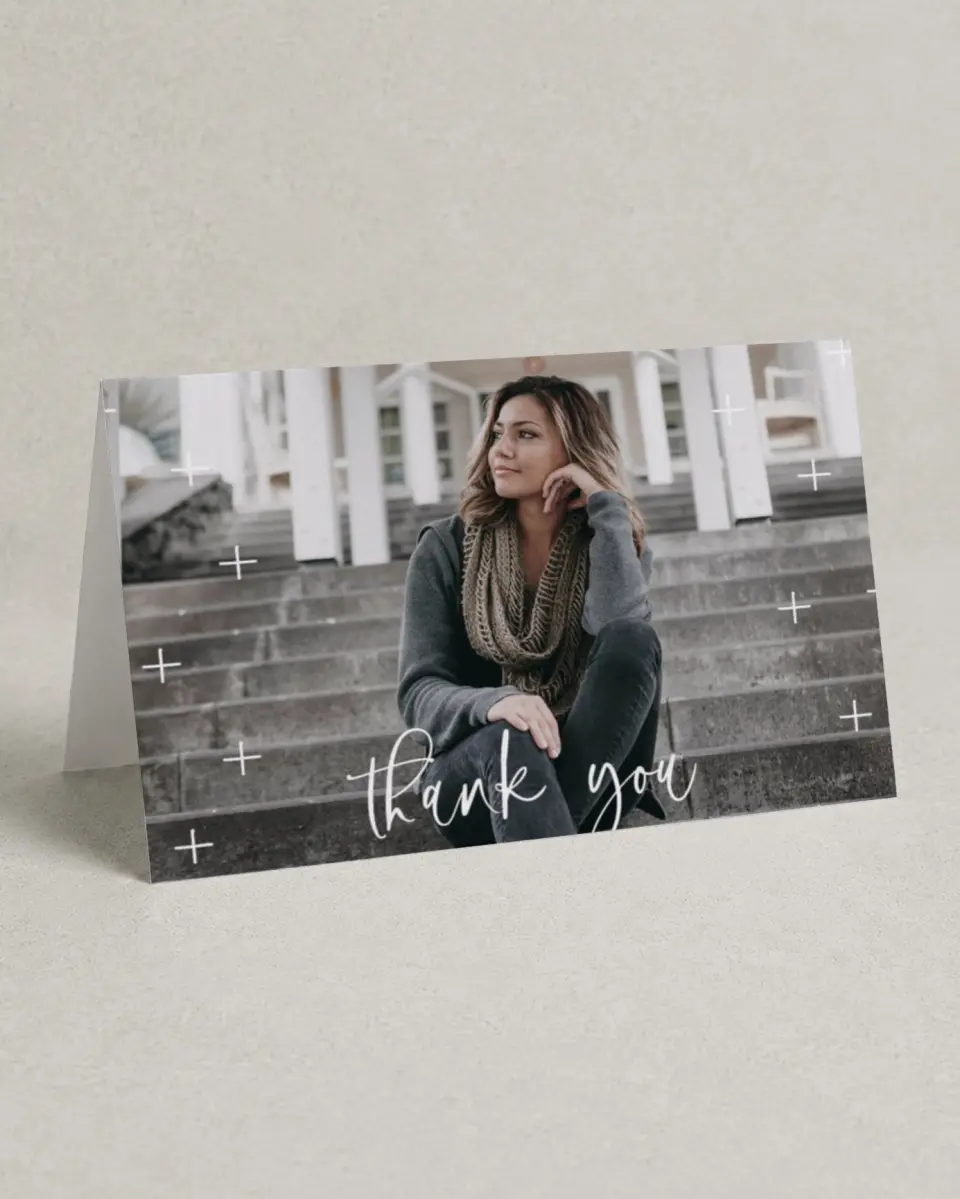 This is a 4" x 6" Folded Quinceanera Thank You Card called Radiant Tradition printed in full color on Premium Smooth paper