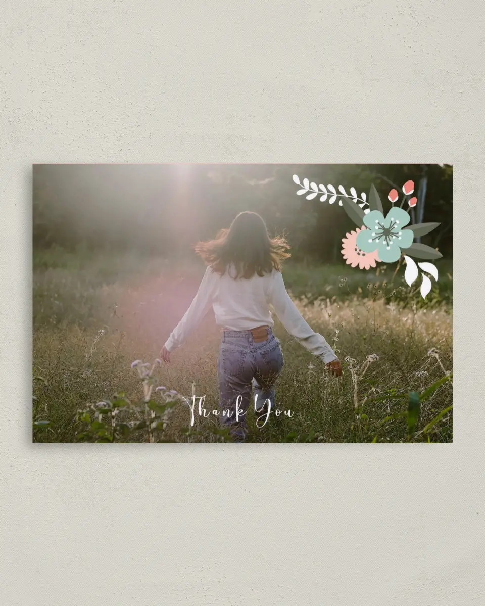 This is a 4" x 6" Folded Quinceanera Thank You Card called Framed Florets printed in full color on Premium Smooth paper