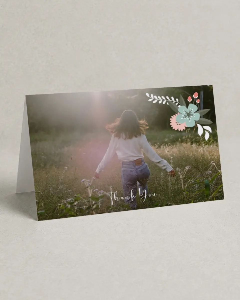 This is a 4" x 6" Folded Quinceanera Thank You Card called Framed Florets printed in full color on Premium Smooth paper