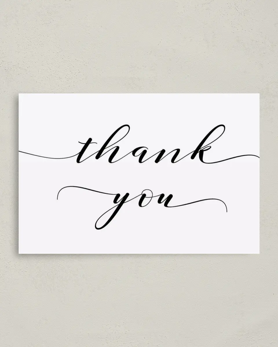 This is a 4" x 6" Folded Thank You Card called Timeless Eloquence printed in full color with Silver foil on Luxe Satin (coated) paper