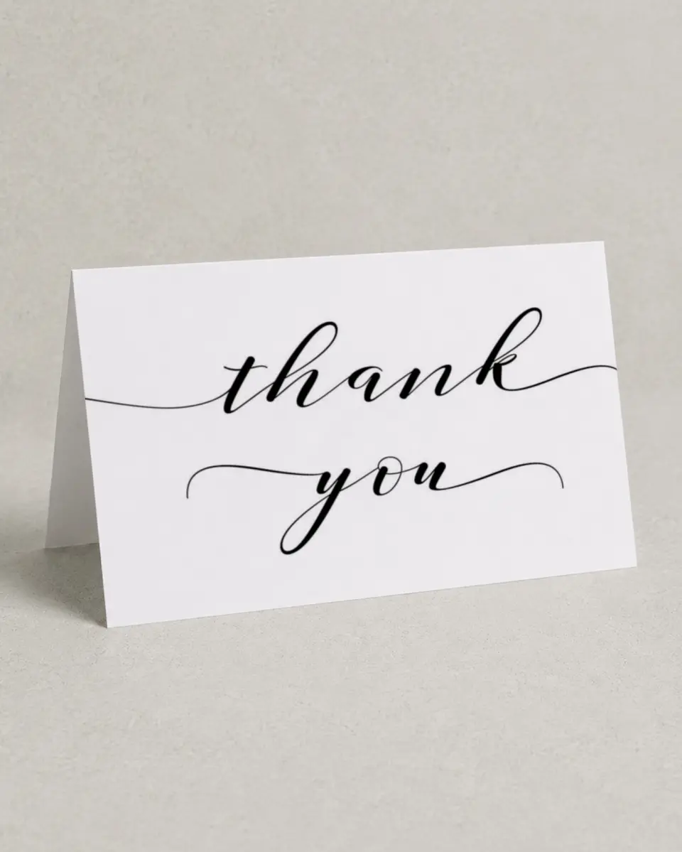 This is a 4" x 6" Folded Thank You Card called Timeless Eloquence printed in full color with Silver foil on Luxe Satin (coated) paper