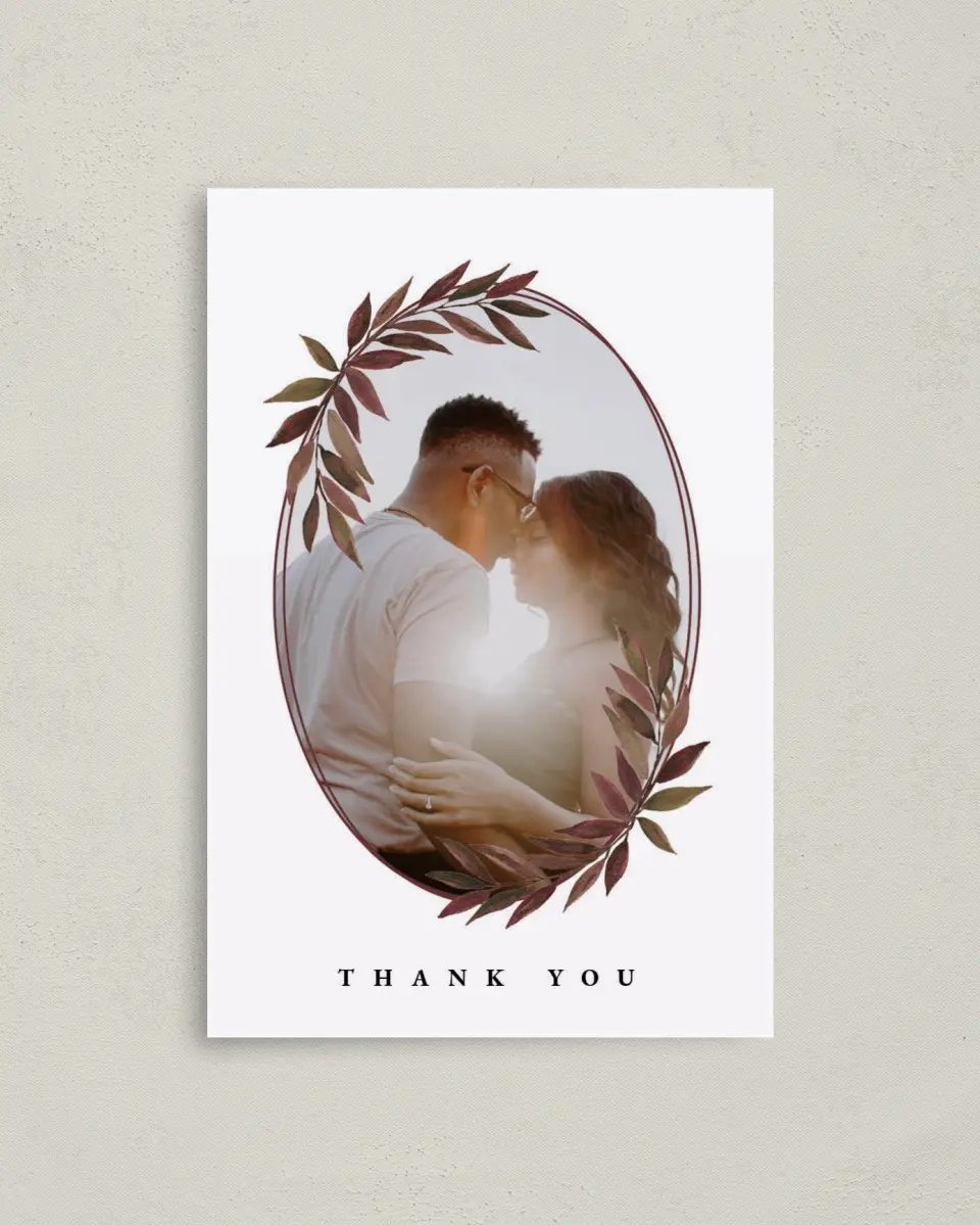 This is a 4" x 6" Folded Thank You Card called Lavish Leaves printed in full color on Premium Smooth paper
