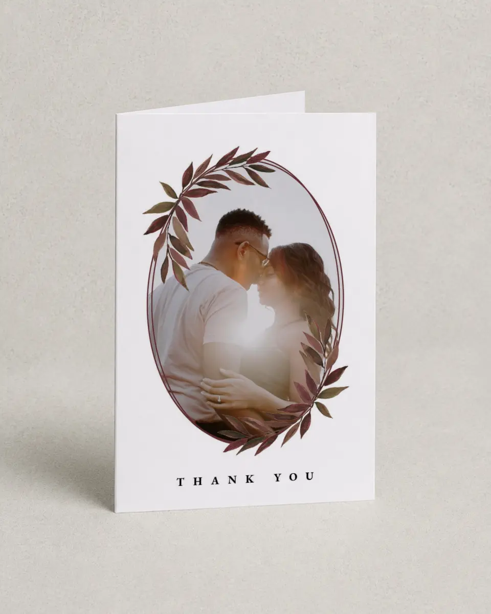 This is a 4" x 6" Folded Thank You Card called Lavish Leaves printed in full color on Premium Smooth paper