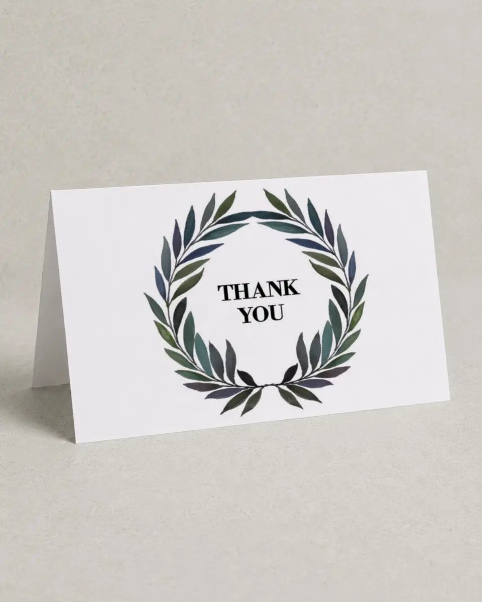 This is a 4" x 6" Folded Thank You Card called Laurel Crown printed in full color on Premium Smooth paper