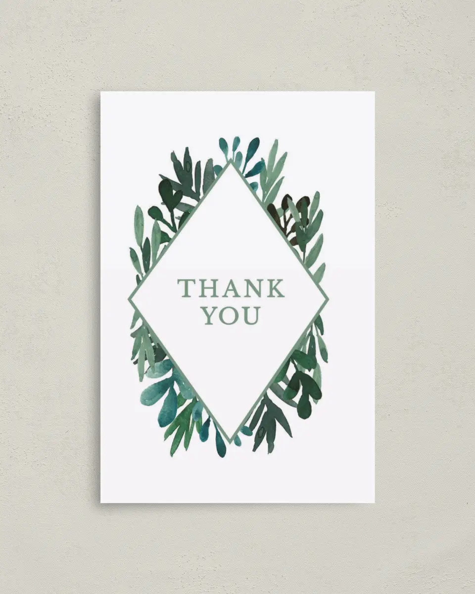 This is a 4" x 6" Folded Thank You Card called Breathtaking Boughs printed in full color on Premium Smooth paper