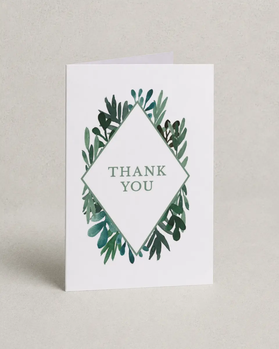 This is a 4" x 6" Folded Thank You Card called Breathtaking Boughs printed in full color on Premium Smooth paper