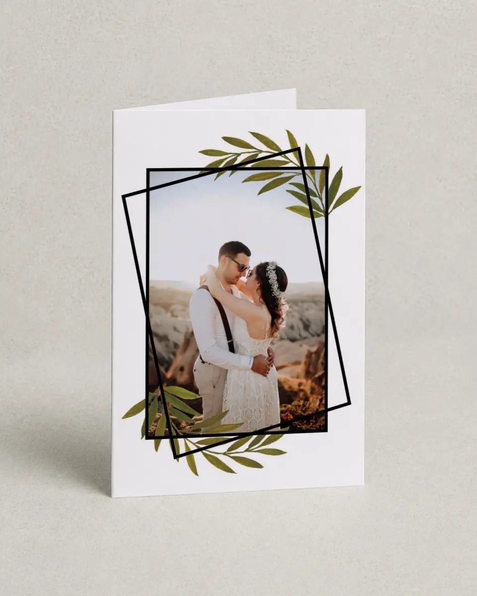 This is a 4" x 6" Folded Thank You Card called Gilded Sage printed in full color with Silver foil on Luxe Satin (coated) paper