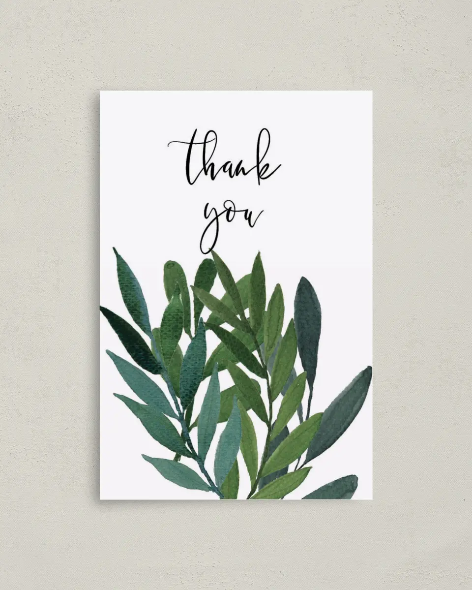 This is a 4" x 6" Folded Thank You Card called Painted Greens printed in full color on Premium Smooth paper