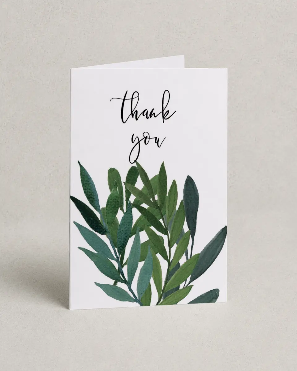 This is a 4" x 6" Folded Thank You Card called Painted Greens printed in full color with Silver foil on Luxe Satin (coated) paper
