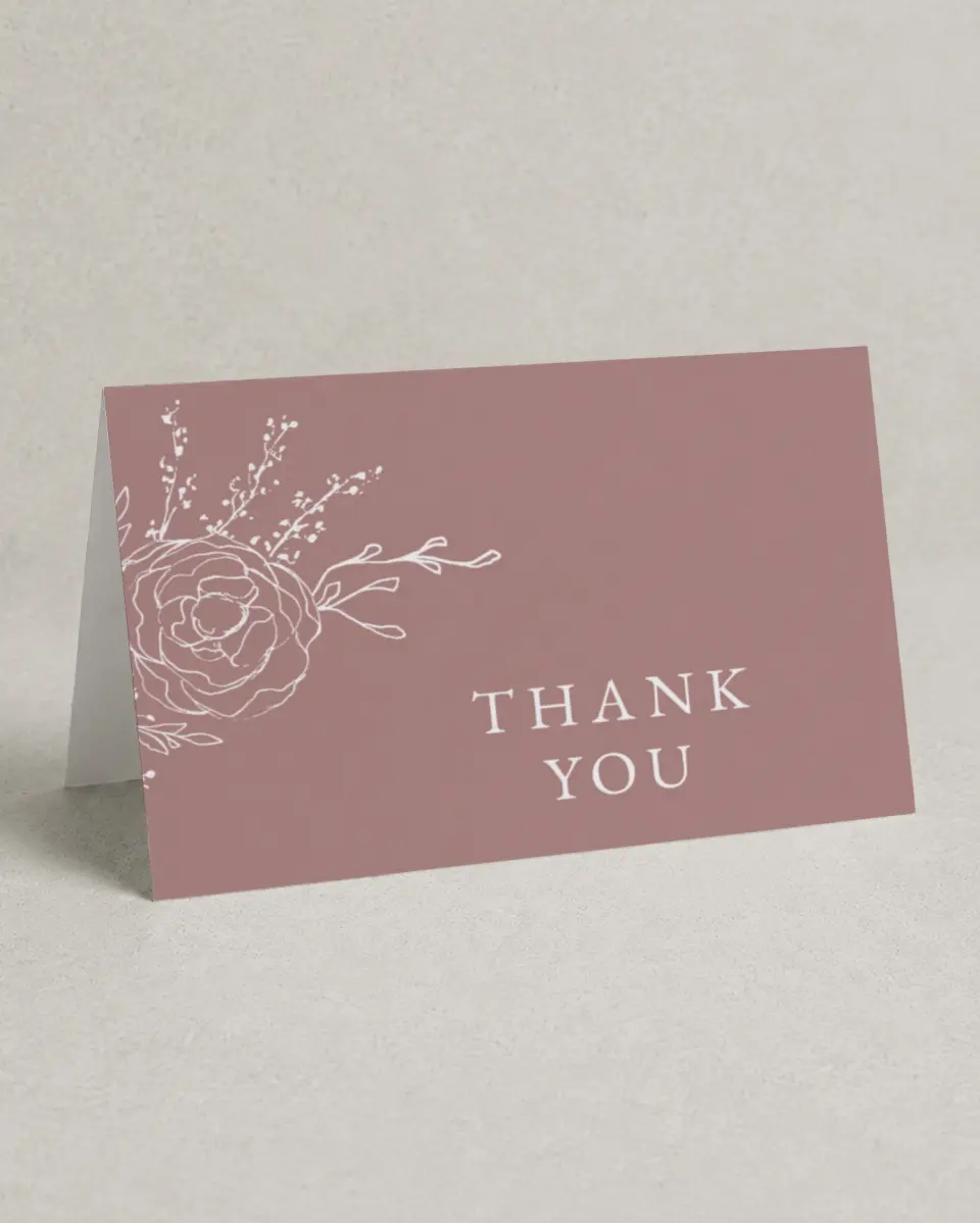 This is a 4" x 6" Folded Thank You Card called Blooming Rose printed in full color with Silver foil on Luxe Satin (coated) paper