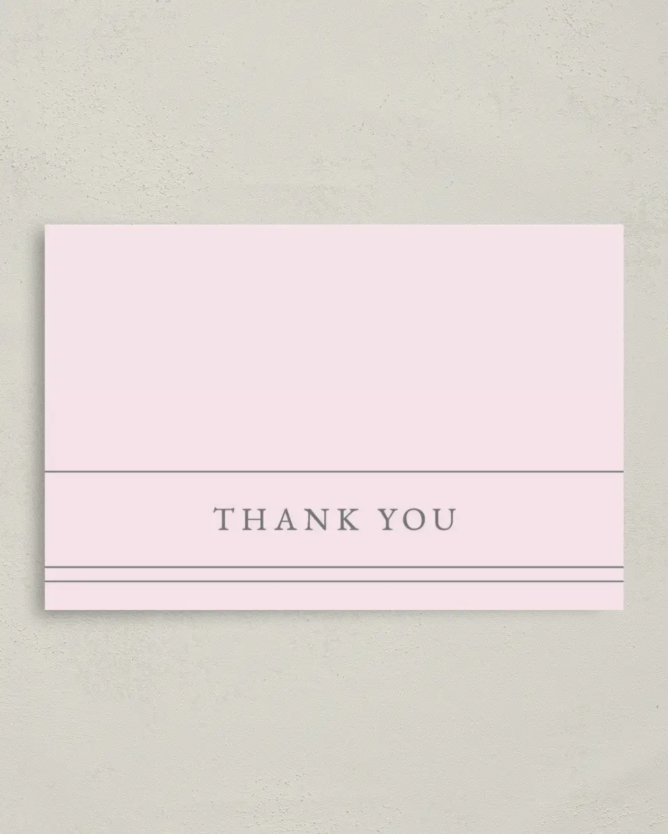 This is a 4" x 6" Folded Thank You Card called Harmonious Stripes printed in full color with Rose Gold foil on Luxe Satin (coated) paper