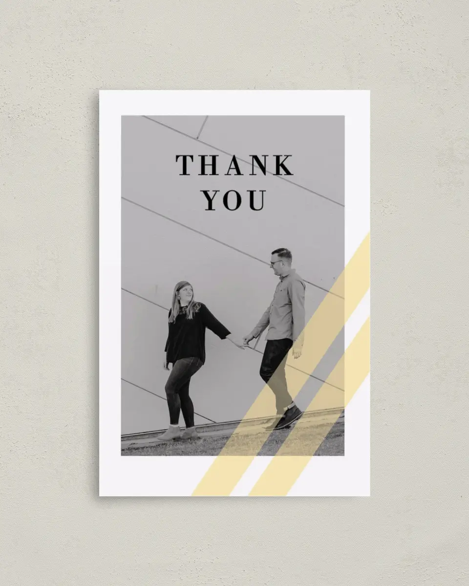 This is a 4" x 6" Folded Thank You Card called Cascading Light printed in full color with Rose Gold foil on Luxe Satin (coated) paper