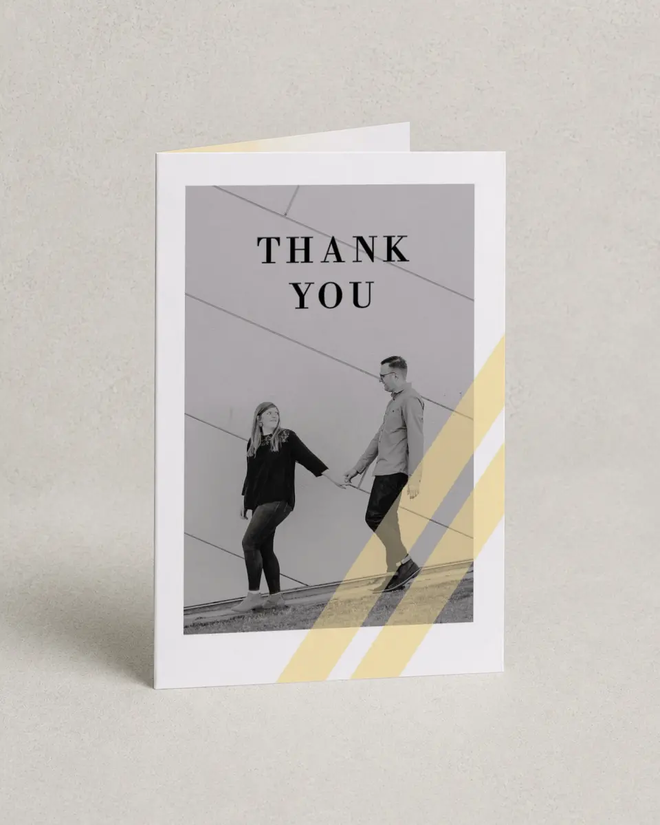 This is a 4" x 6" Folded Thank You Card called Cascading Light printed in full color on Premium Smooth paper