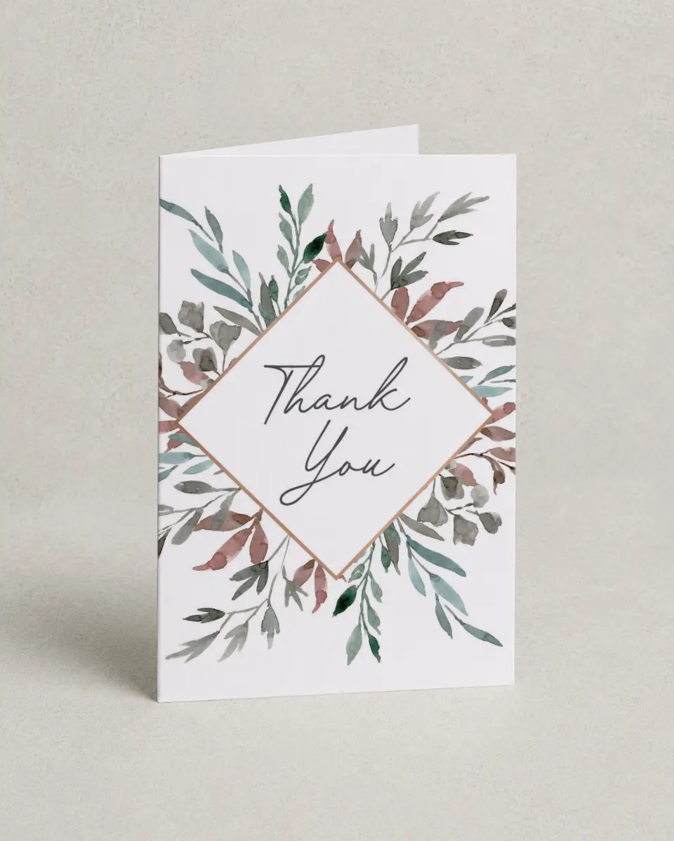 This is a 4" x 6" Folded Thank You Card called Blissfully Fall printed in full color with Gold foil on Luxe Satin (coated) paper