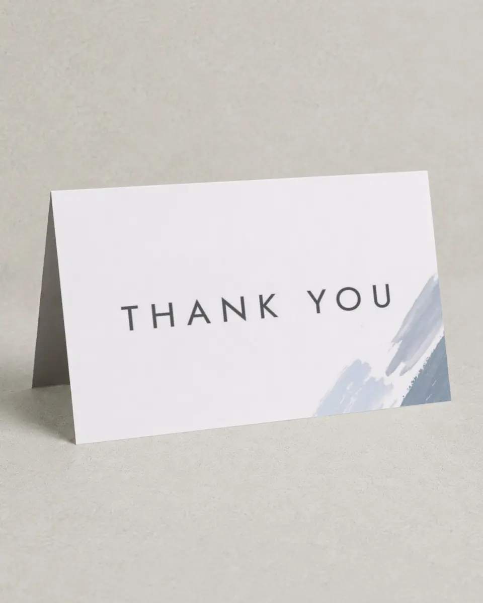 This is a 4" x 6" Folded Thank You Card called Ethereal Swaths printed in full color with Rose Gold foil on Luxe Satin (coated) paper