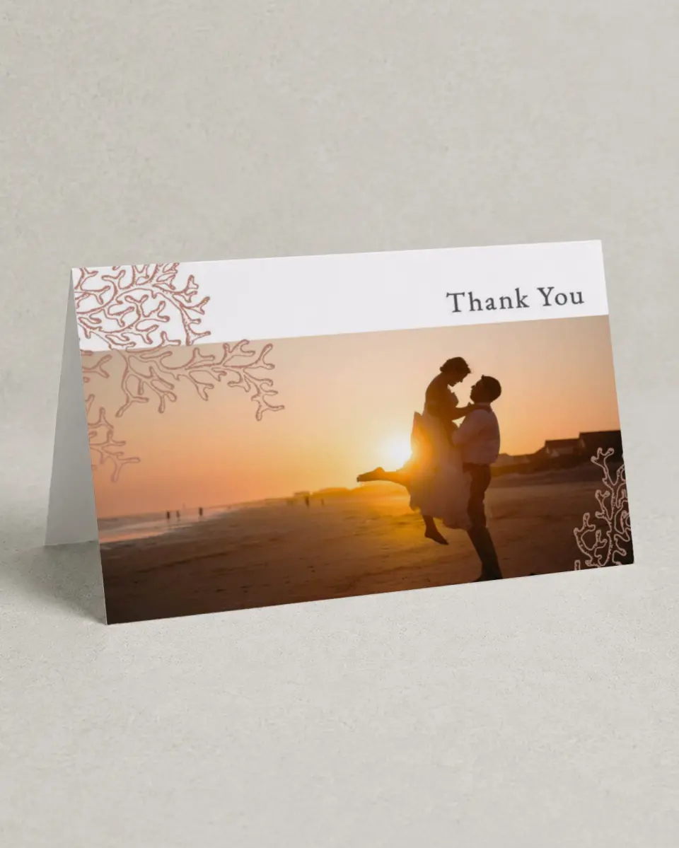 This is a 4" x 6" Folded Thank You Card called Tropical Heaven printed in full color with Silver foil on Luxe Satin (coated) paper